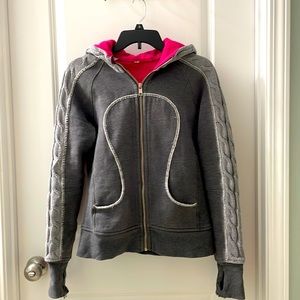 Lululemon small zip up sweatshirt hoodie shirt top gray pink cable knit sleeve